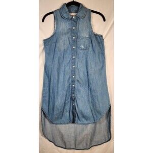 BCBG Blue Denim Distressed Dress Size XS Sleeveless Fray Pocket Button-Up Hi Low